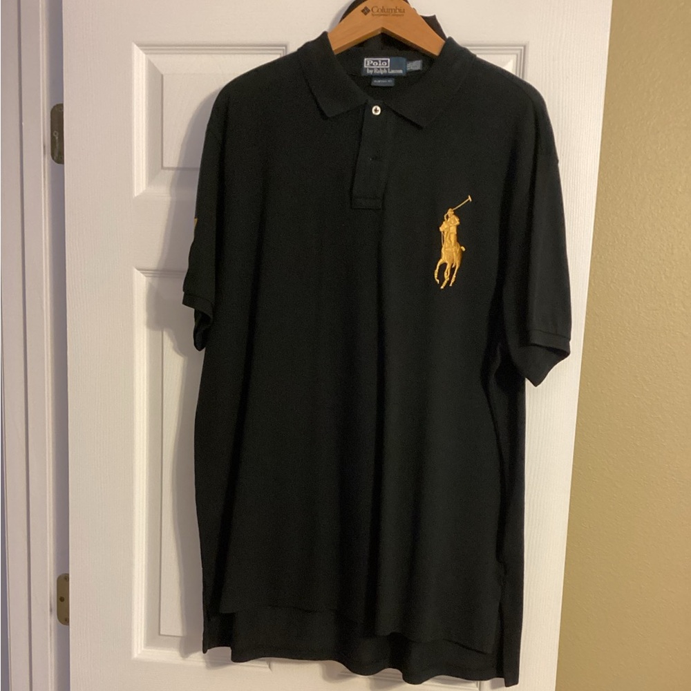 Ralph Lauren Black Polo Shirt with Gold Logo and Matching Hat